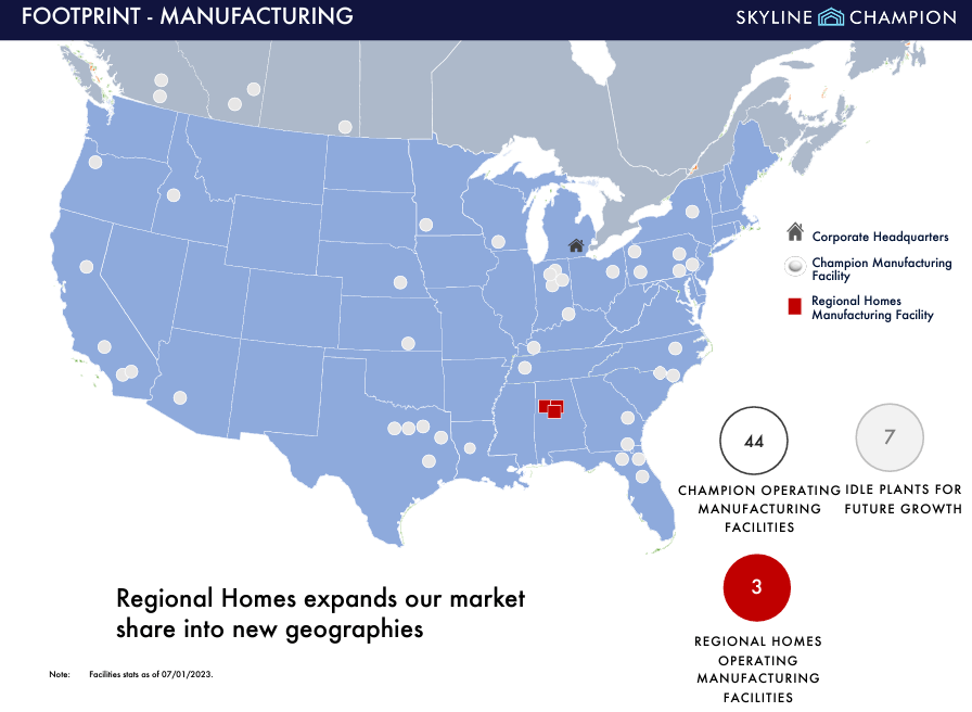 US map showing Skyline's manufacturing facilities