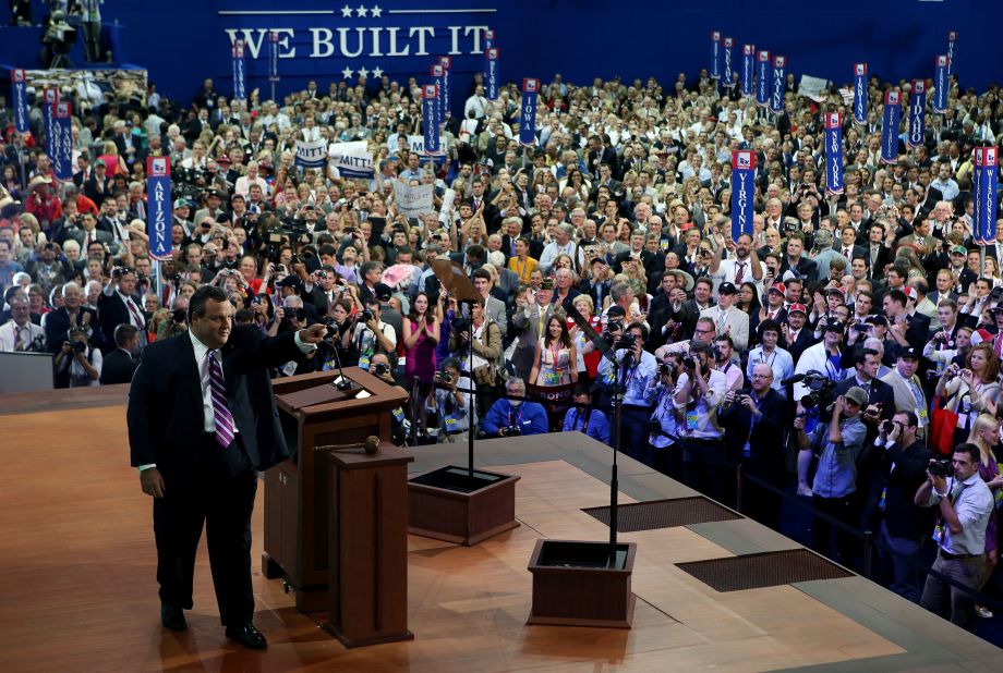 Christie takes the stage to deliver the keynote address on the first night of the Republican National Convention in August 2012. <a href=