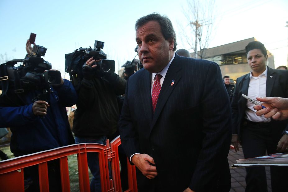 Christie enters the borough hall in Fort Lee, New Jersey, to apologize to Mayor Mark Sokolich in January 2014. Lane closures had snarled traffic for days at the George Washington Bridge, which connects Manhattan to Fort Lee. It was alleged that Christie's deputy chief of staff signaled for the New York and New Jersey Port Authority to close the lanes to punish Sokolich for not endorsing Christie during the election. Christie said he had no knowledge of any plot to close the lanes. He was never charged in the 