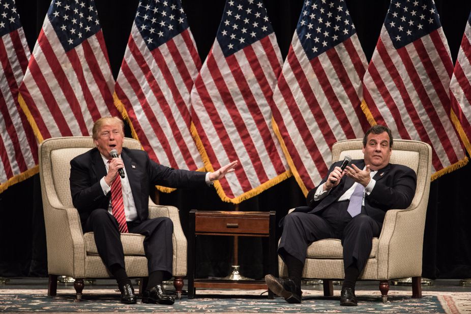 Trump and Christie talk at a campaign rally in Hickory, North Carolina, in March 2016. A few weeks earlier, Christie had suspended his campaign and <a href=