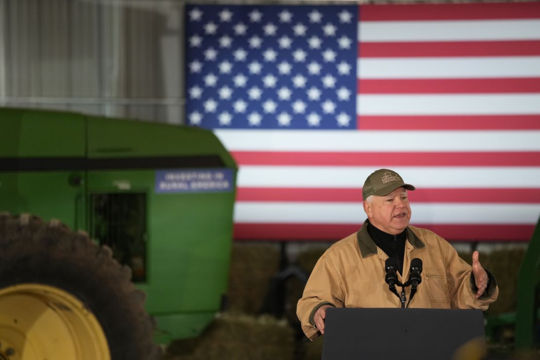 Minnesota Gov. Tim Walz speaks before the arrival of President Joe Biden at Dutch Creek Farms, Wednesday, Nov. 1, 2023, in Northfield, Minn. (AP Photo/Abbie Parr)